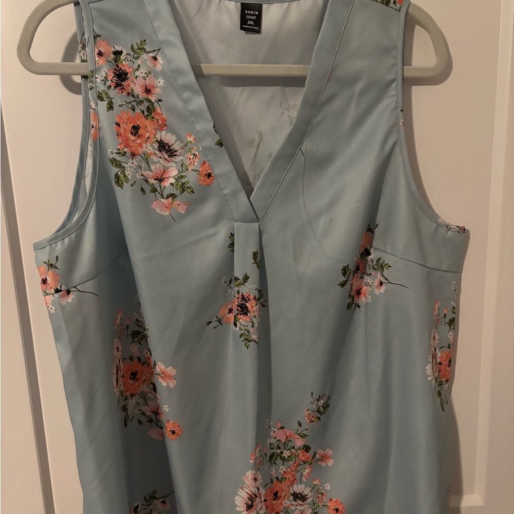SHEIN Floral V-Neck Blouse - Light Blue